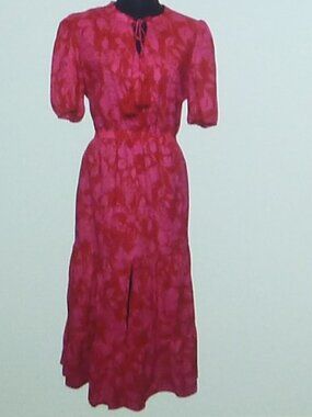 Laurel Grey Pink Floral Tiered Midi Dress Tassel Tie Size Medium